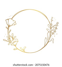 Hand drawn gold poppy flower wreath in cute doodle style isolated on white background. Premium luxury vector llustration for postcard, wedding invitations, birthday. Copy space for text.