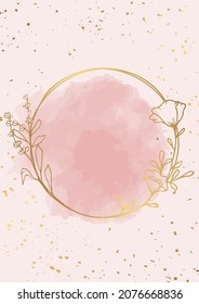 Hand drawn gold poppy flower wreath in cute doodle style with watercolor spot and confetti isolated on pink background. Premium luxury vector llustration for postcard, wedding invitations, birthday.