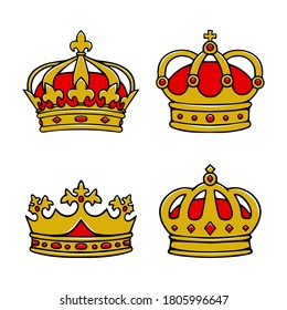 Hand drawn gold and red crowns vector set white background