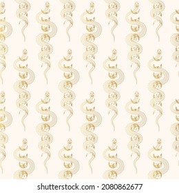 Hand drawn gold seamless pattern with snake wrapping around the moon. Golden celestial texture for wrapping paper, t-shirt design, fabric and covers.