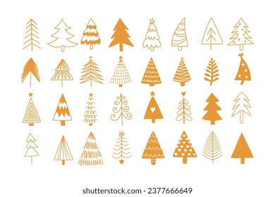 Hand drawn gold set of Christmas trees. Holidays modern elements for a logo. Abstract doodle drawing woods. Vector art illustration