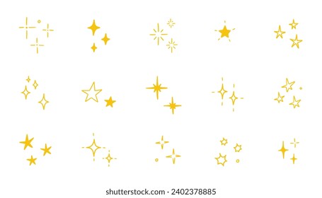 Hand drawn gold star sparkle shine of doodle set. Yellow star shine twinkle glow, spark glitter, magic party light vector illustration. Hand drawn sketch doodle style line sparkle elements