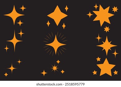 Estrela de ouro desenhada à mão brilha brilho de conjunto de doodle. Estrela amarela brilho cintilante, brilho faísca, festa mágica luz vetor ilustração. Elementos de brilho de linha de estilo de rabiscar desenho à mão