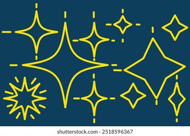Handgezeichneter goldener Stern funkelt Glanz von Doodle-Set. Gelber Stern leuchten funkeln, Funken glitzern, magische Party Licht Vektorgrafik. Handgezeichnete Skizze doodle Stil Linie glitzern Elemente