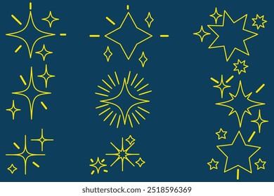 Hand drawn gold star sparkle shine of doodle set. Yellow star shine twinkle glow, spark glitter, magic party light vector illustration. Hand drawn sketch doodle style line sparkle elements