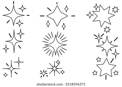 Hand drawn gold star sparkle shine of doodle set. Yellow star shine twinkle glow, spark glitter, magic party light vector illustration. Hand drawn sketch doodle style line sparkle elements