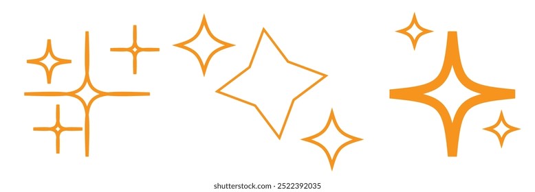 Hand drawn gold star sparkle shine of doodle set. Yellow star shine twinkle glow, spark glitter, magic party light vector illustration. Hand drawn sketch doodle style line sparkle elements