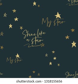 Hand drawn gold stars seamless pattern on blue background. Doodle brush, pen, marker illustration. Scribble ornament background.