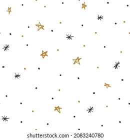 Hand drawn gold stars and snowflakes on white background vector seamless pattern.