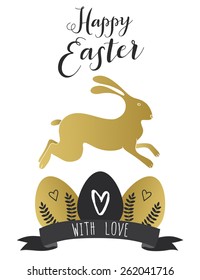 Hand drawn gold style Easter eggs, bunny and banner card template.