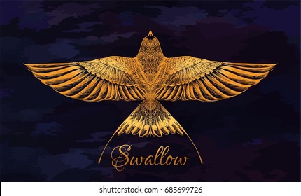 Hand drawn gold swallow on the watercolor background. Sketch for tattoo art, jewelry, pendant. Flight of bird. Vector illustration. Boho chic. Fairy swift.