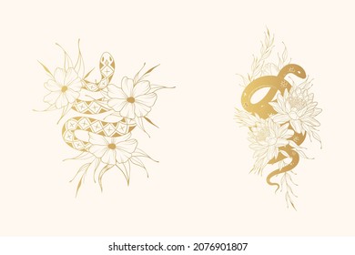Hand drawn gold twisted snakes among flowers. Golden floral set with mystical pythons in vintage style  for covers,  t-shirt design, fabrics, notebooks and cards.