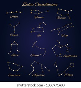Hand drawn gold vector zodiac constellations set of 12 signs isolated on the dark background. 