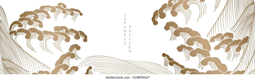 Hand drawn gold wave with Japanese pattern vector. Oriental decoration with banner design, flyer or presentation in vintage style. Ocean sea elements template.