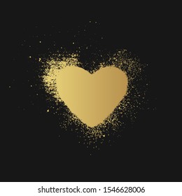 Hand drawn golden airbrush love banner for text box. Heart border made of spray paint. Grunge background for valentines day. Vector isolated illustration.