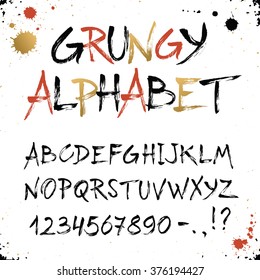 Hand drawn golden alphabet. Uppercase grunge letters and numbers isolated on white background. Handdrawn typography made with dry brush. Modern textured font. 