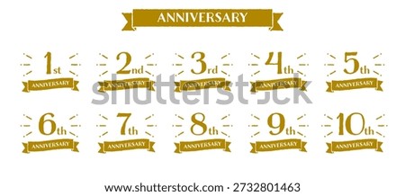 Hand drawn golden anniversary logo set with sunburst and ribbon from 1st to 10th