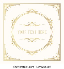 Hand drawn golden antique squared frame with ornate gold borders and corners.  Vector isolated Victorian pattern. Classic wedding invitation template.