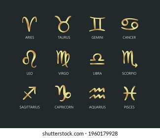 Señales astrológicas doradas trazadas por mano. Signos zodiacos. Signos estelares para el horóscopo astrológico. Ilustración del vector