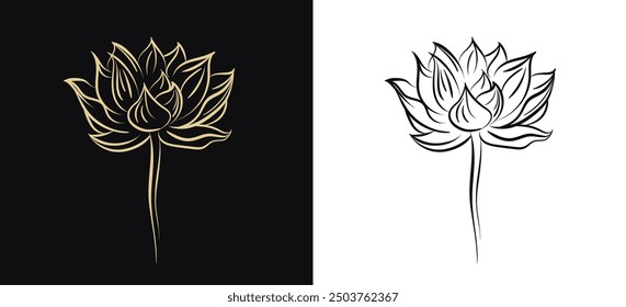 Dibujado a mano de oro y negro ilustración lineal de hermoso loto sagrado (lirio de agua) sobre fondo blanco y oscuro. Describir Nelumbo nucifera como una flor nacional de la India. Diseño floral del tatuaje
