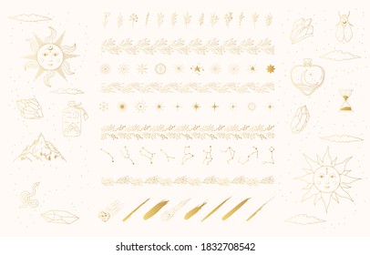 Hand drawn golden boho and celestial suns, stars, constellations, comets and floral borders. Spiritual tattoo. Magic background. Gold mystic decoration and rustic dividers.