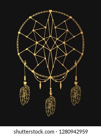 Hand drawn golden boho dream catcher in native bohemian, indian style with feathers. Magic aztec gold tribal tattoo.