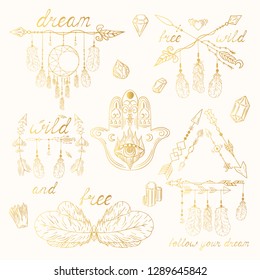 Hand drawn golden boho evil eye, dream catcher, arrows and feathers, hamsa tribal tattoo in bohemian, indian style. Magic scandinavian pattern. Ethnic gold frame.