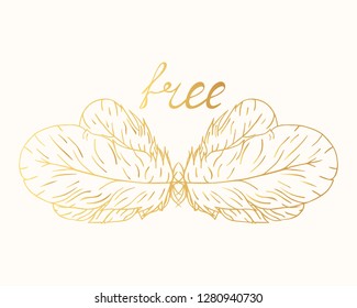 Hand drawn golden boho feathers divider in native bohemian, indian style. Ink tribal gold aztec tattoo. Scandinavian border.