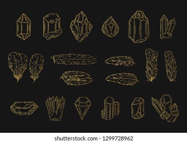 Hand drawn golden boho feathers, stones, crystals and gems in native indian style. Ink tribal aztec tattoo. Gold scandinavian dividers.