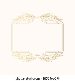 Hand drawn golden botanical rectangular frame. Vector isolated wedding flourish gold square border for invitation card.