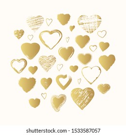 Hand drawn golden brush, scribble, chalk, grunge hearts frame. Vector isolated gold romantic background.