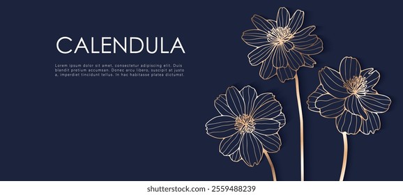 Hand drawn Golden calendula flowers vector floral luxury design for cards, backgrounds, covers