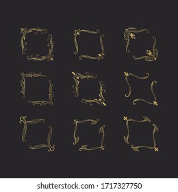 Hand drawn golden calligraphic corner frames set. Gold antique borders.  Vector isolated classic wedding invitation card templates.