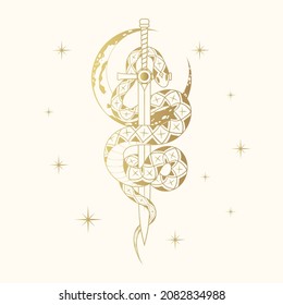 Hand drawn golden celestial illustration with stars, moon and a snake wrapping around the sword.  Gold python print in vintage style  for t-shirt design, fabric, cards and covers.