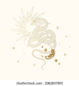 Hand drawn golden celestial moon and sun snake illustration with stars. Mystical print in vintage style  for t-shirt design, fabric, cards and covers.