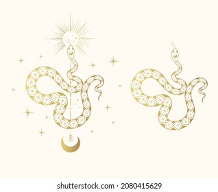 Hand drawn  golden celestial snake illustration with stars, sun and moon. Gold spiritual background for tattoo, covers,  t-shirt design, fabrics, notebooks and cards.