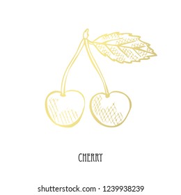 Hand drawn golden cherry, design element. Can be used for cards, invitations, scrapbooking, print, fabric, manufacturing, food themes. Food theme. Golden fruits