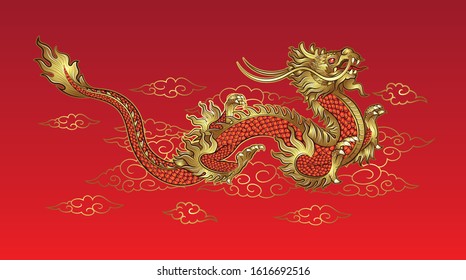 Hand drawn golden Chinese dragon with cloud on red background