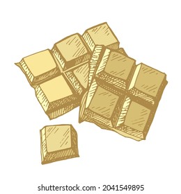 Hand drawn golden chocolate.Hand drawn chocolate bar broken into pieces. illustration of choco bar on white background. 
