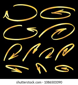 Hand drawn golden circle arrows set. Collection of symbols isolated over black background. Vector illustration.