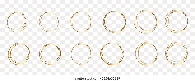  Hand drawn GOLDEN circle line sketch set.Circle frame set. Round frame set. Geometric line circle design frames. Round shape borders. Hand drawning circle line sketch set.