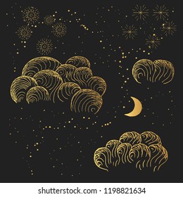 Hand drawn golden clouds, moon, stars. Vector starry night pattern. Ink texture sky with moonlight background.