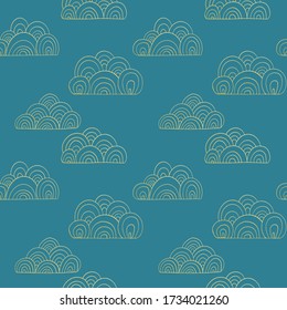 Mano dibujó nubes doradas sobre fondo azul. Patrón sin fisuras de las líneas. Impresión vectorial oriental para tejidos, prendas de vestir, textiles y papel de envoltura. EPS10