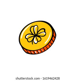 Hand drawn golden coins. Saint Patricks Day. Cartoon old coins. Isolated on white vector illustration.