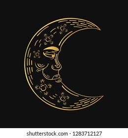 Hand drawn golden crescent moon in boho style. Vector bohemian ethnic tattoo. Magic gold scandinavian pattern.