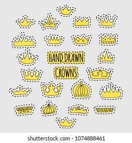 Hand drawn golden crown patch set. Stock vector illustration of royal symbol for trendy patches, fashion stickers.