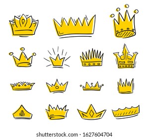 Hand drawn golden crowns draft set. Vector illustration