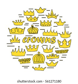 Hand drawn golden crowns set on white background. Stock vector illustration of royal symbol in a circle in cartoon style.