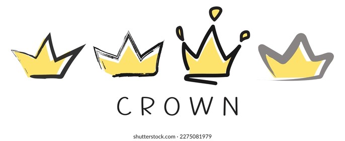 Hand drawn golden crowns. Vector crown icons.