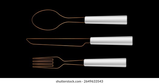 Hand Drawn Golden Cutlery Set On Black Background, Fork Spoon And Knife Equipment Vector Illustration.	